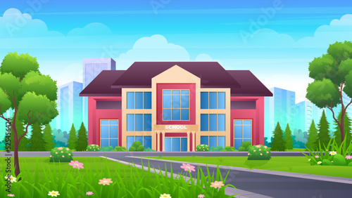 Modern School Building With beautiful skyscraper buildings and nature landscape, Back To Education Concept cartoon Illustration