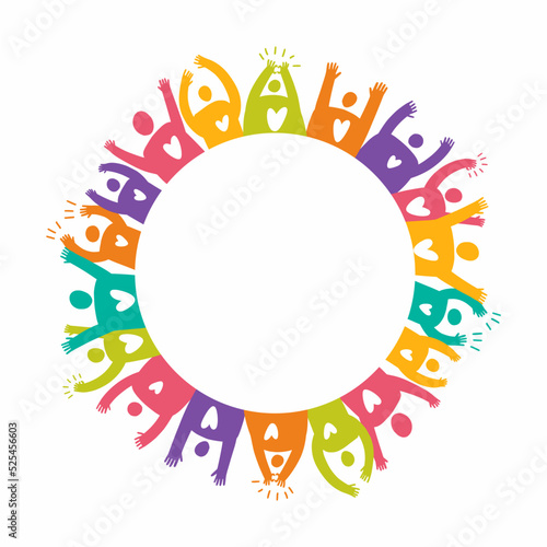 A group of happy people with their hands raised in the air settled in a circle. Vector illustration drawn by hand.