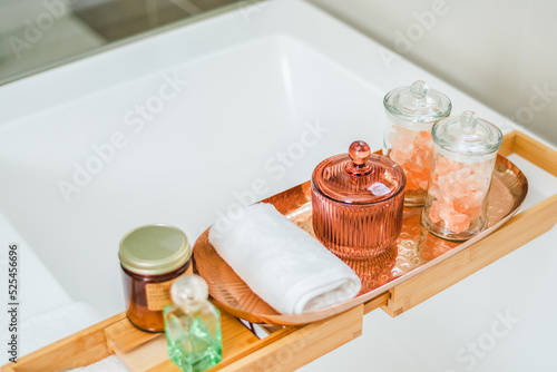 Modern bath tub spa setting with candles.