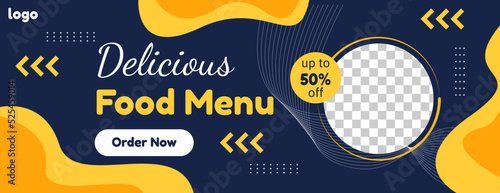 food menu banner background design template with orange and dark blue color