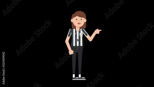 White female US referee pointing right using her hand to direct attention photo