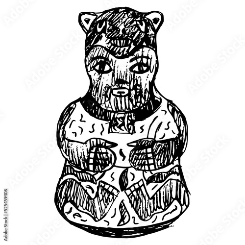 Figurine of a shaman wearing bear mask. Native American art of ancient Peru. Pre Columbian Nazca culture. Black and white silhouette. Hand drawn rough sketch.