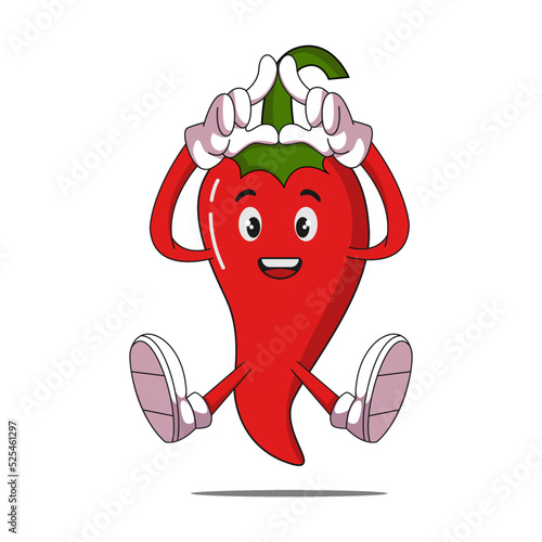 Cartoon red chili papper emoji triangle hand. Hot spice character vector illustration