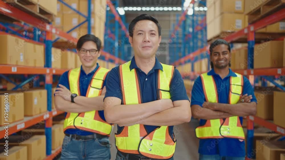 Portrait group of warehouse workers standing in large warehouse distribution center with arms crossed. In background shelves with goods. Worker smiling and looking at the camera. Portrait group of warehouse workers standing in large warehouse distribution center with arms crossed. In background shelves with goods. Worker smiling and looking at the camera.