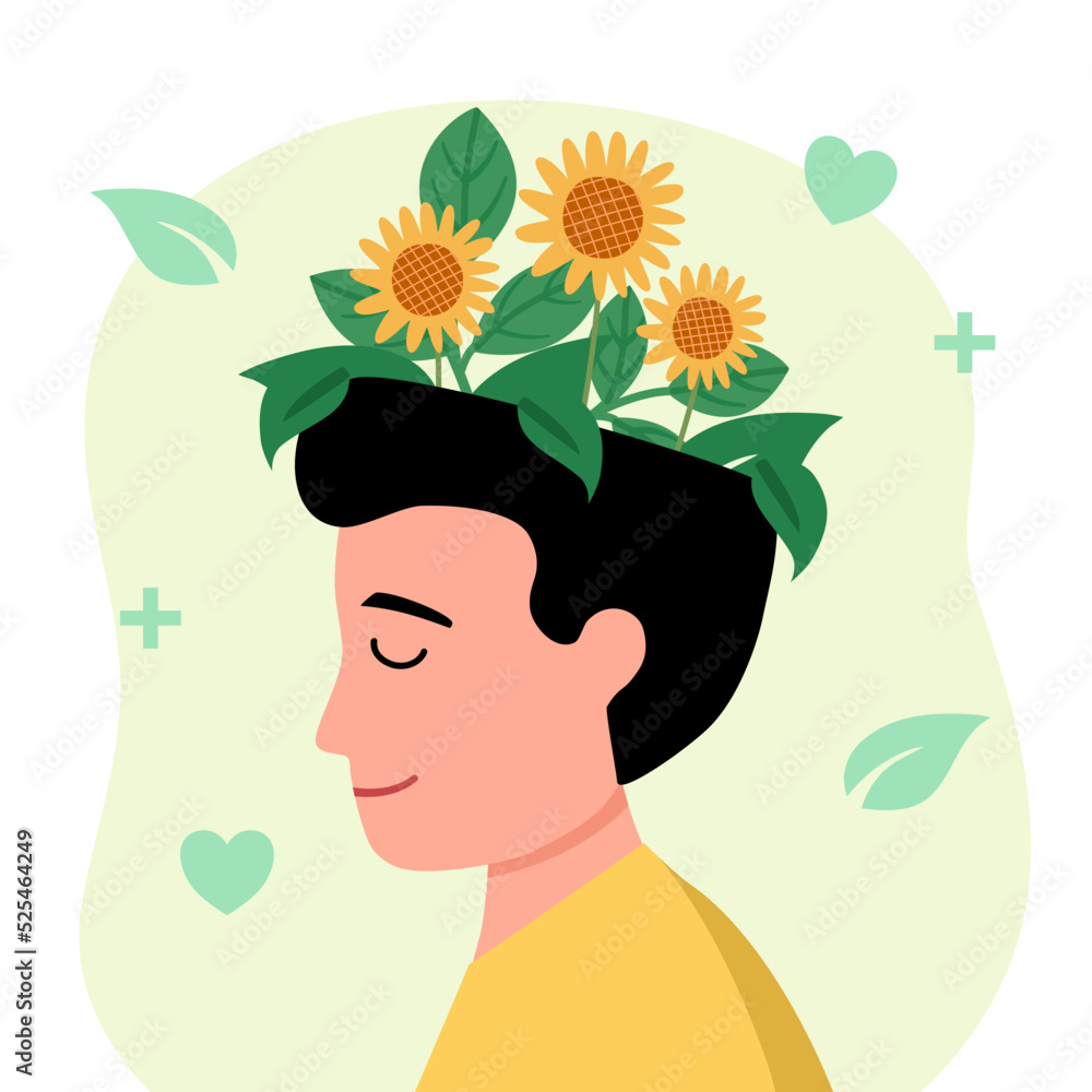 Mental health concept vector illustration. Flower on human head in flat design.
