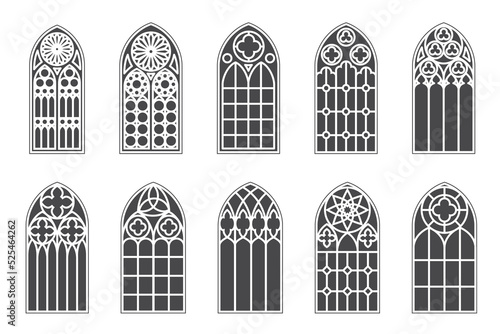 Church medieval windows set. Old gothic style architecture elements. Vector glyph illustration on white background.