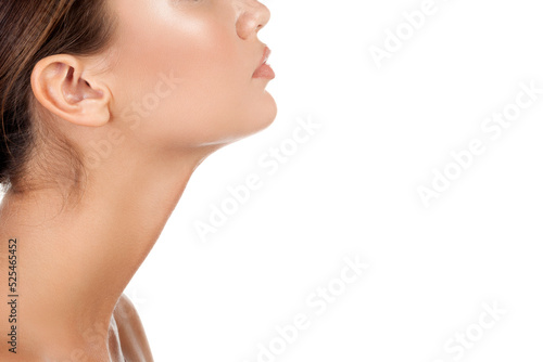 Pretty woman with long neck, isolated on white background