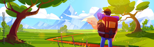 Male traveler with map and backpack looking at beautiful mountain landscape, cartoon vector illustration. Tourist goes hiking, searching way to destination. Enjoying adventure trip on summer vacation
