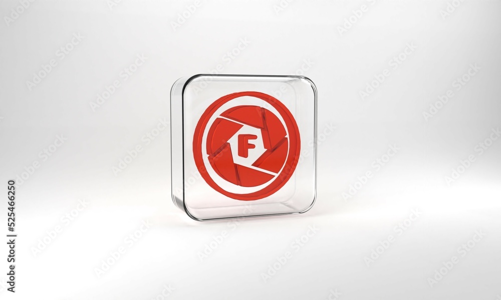 Red Camera shutter icon isolated on grey background. Glass square button. 3d illustration 3D render Red Camera shutter icon isolated on grey background. Glass square button. 3d illustration 3D render