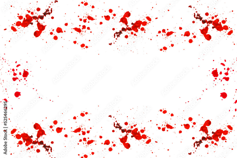 Halloween frame.bloody frame. Red blood splatter and drops isolated On white background.Crime scene. Murder and crime concept.blood streaks and blood stains in bloody splatter.Spots of blood.