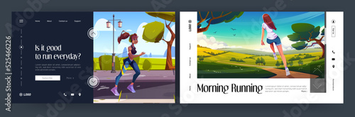 Morning running cartoon landing pages. Young girl jogging in city park and nature landscape. Sportswoman run, outdoor sports activity. Fit female character in headset exercising, Vector web banners