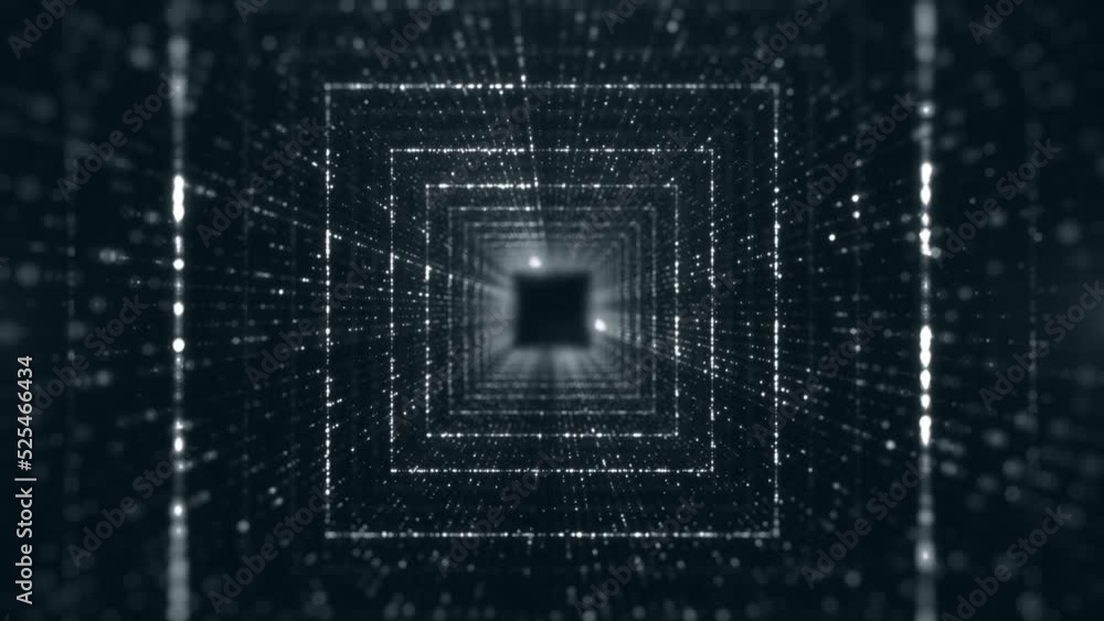 Tunnel particle square shape seamless loop moving forward, Tunnel motion abstract background.