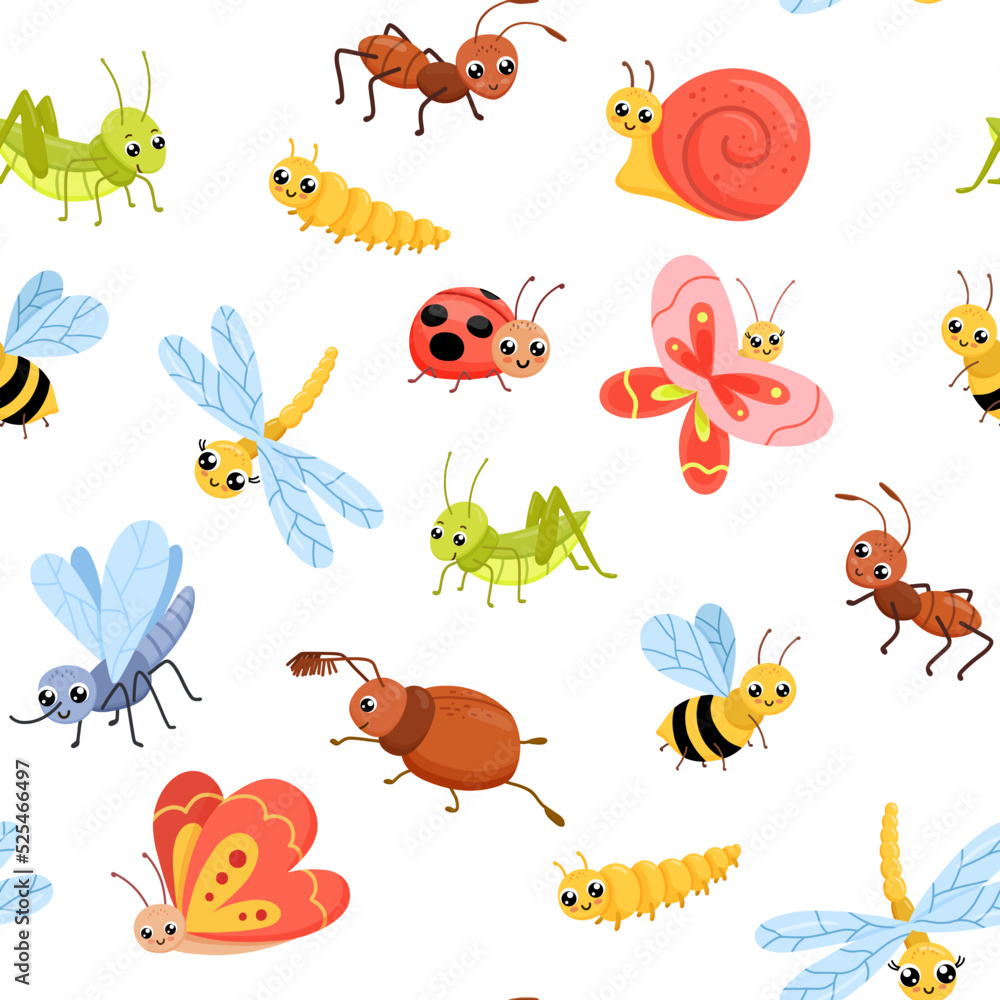 Seamless pattern with Cartoon insects. Cute butterfly, grasshopper and dragonfly. Childish vector illustrations isolated on white Seamless pattern with Cartoon insects. Cute butterfly, grasshopper and dragonfly. Childish vector illustrations isolated on white