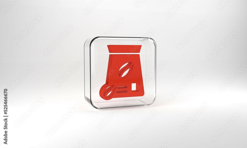 Red Bag of coffee beans icon isolated on grey background. Glass square button. 3d illustration 3D render Red Bag of coffee beans icon isolated on grey background. Glass square button. 3d illustration 3D render