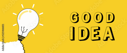 Good Idea badge and light bulb with copy space flat design on isolated yellow background. Banners for business or education cover websites. eureka, Good Idea, vector illustration.
