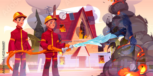 Firemen team with water hose extinguish ignition in house. Firefighters, people in safety costumes and helmets put out flame on street with burning building, vector cartoon illustration