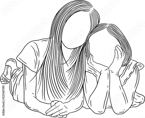 Happy family sibling daughter and son love kids friends baby children younger brother and sister line art hand drawn style