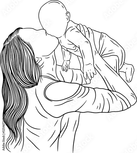 Happy family mother and baby born cute baby girl and child parent women power mama baby birth line art hand drawn style