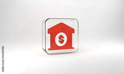 Red Warehouse price icon isolated on grey background. Glass square button. 3d illustration 3D render
