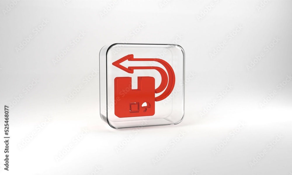 Red Return cardboard box icon isolated on grey background. Box, package, parcel sign. Delivery and packaging. Glass square button. 3d illustration 3D render Red Return cardboard box icon isolated on grey background. Box, package, parcel sign. Delivery and packaging. Glass square button. 3d illustration 3D render