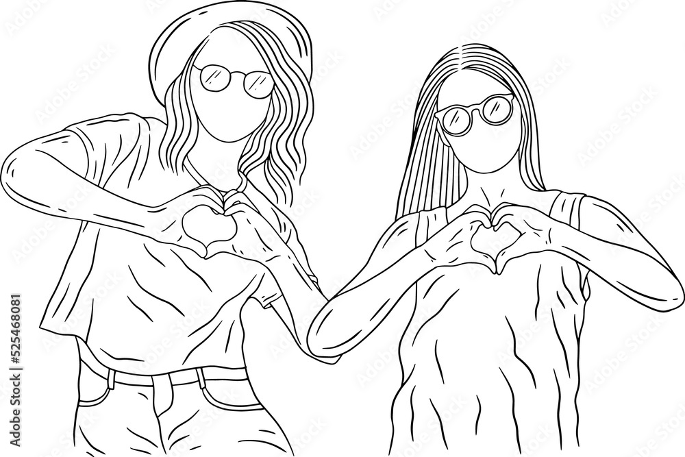 Happy Women group Girl Best Friend love line art hand drawn style