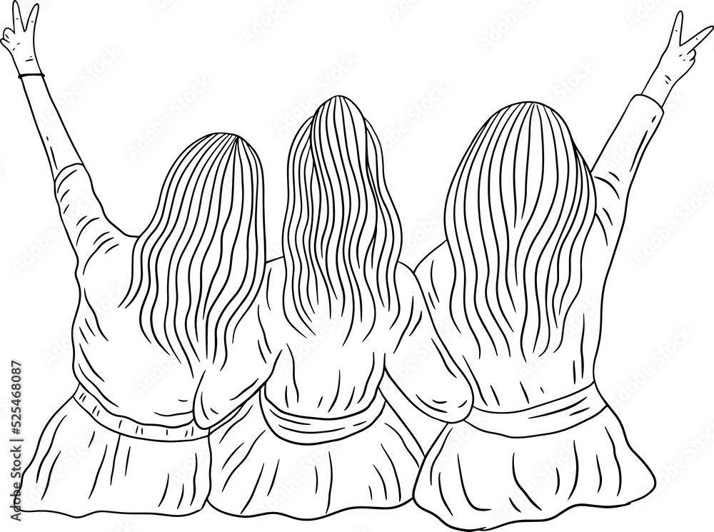 Happy Women group Girl Best Friend love line art hand drawn style