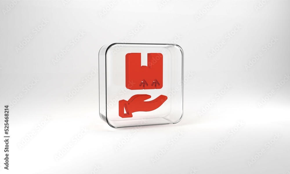 Red Delivery hand with cardboard boxes icon isolated on grey background. Door to door delivery by courier. Glass square button. 3d illustration 3D render Red Delivery hand with cardboard boxes icon isolated on grey background. Door to door delivery by courier. Glass square button. 3d illustration 3D render