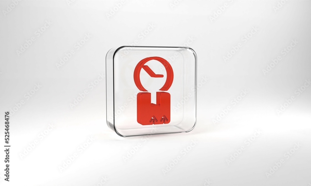 Red Carton cardboard box and fast time delivery icon isolated on grey background. Box, package, parcel sign. Delivery and packaging. Glass square button. 3d illustration 3D render Red Carton cardboard box and fast time delivery icon isolated on grey background. Box, package, parcel sign. Delivery and packaging. Glass square button. 3d illustration 3D render