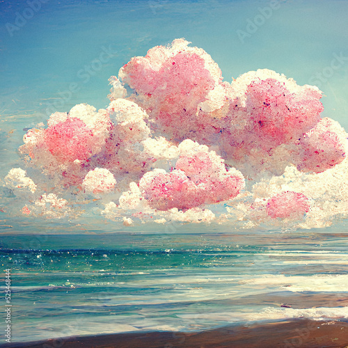 Painted landscape illustration sea, sand and the beach with pink fluffy clouds, beautiful background with nature pastel drawing soft colors, blue sky, sunny day, vintage style