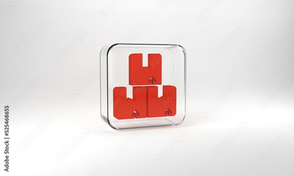 Red Carton cardboard box icon isolated on grey background. Box, package, parcel sign. Delivery and packaging. Glass square button. 3d illustration 3D render Red Carton cardboard box icon isolated on grey background. Box, package, parcel sign. Delivery and packaging. Glass square button. 3d illustration 3D render