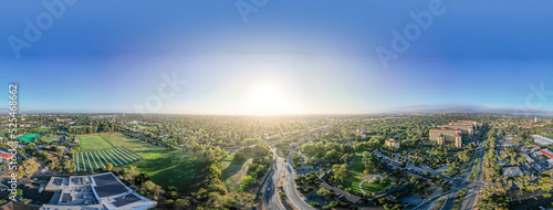 Aerial view of towards Stanford campus and Hoover tower, Palo Alto and Silicon Valley from the Stanford dish hills, California, USA