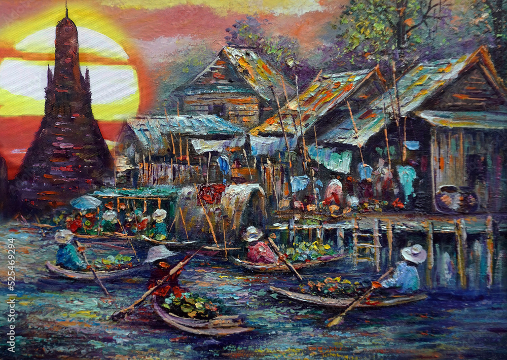  Art painting Oil color Floating market Thailand ,  Temple of Dawn 
