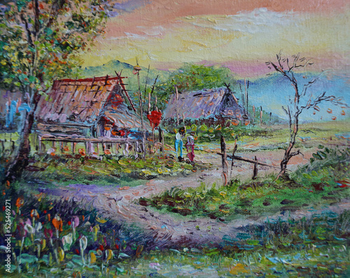 Art painting Oil color Thailand Countryside , rice field