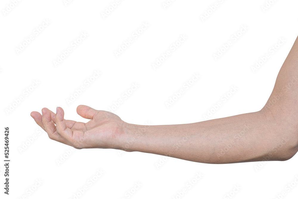 Closeup of male hand showing gesture sign on transparent background - PNG format.