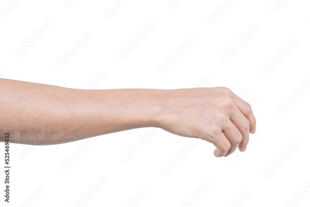 Closeup of male hand showing gesture sign on transparent background - PNG format.