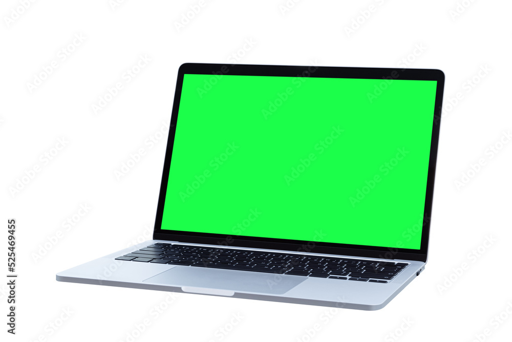 Laptop computer or notebook with green screen on transparent background - PNG format. Laptop computer or notebook with green screen on transparent background - PNG format.