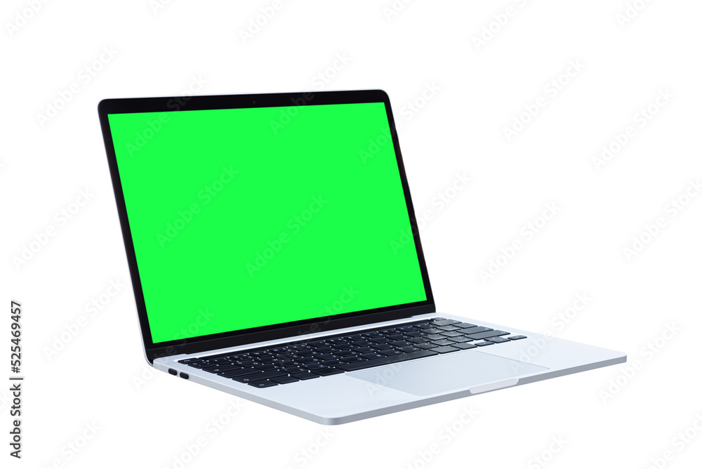 Laptop computer or notebook with green screen on transparent background - PNG format. Laptop computer or notebook with green screen on transparent background - PNG format.