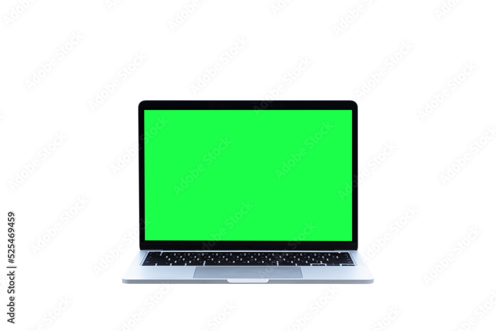 Laptop computer or notebook with green screen on transparent background - PNG format. Laptop computer or notebook with green screen on transparent background - PNG format.