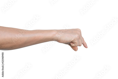 Closeup of male hand showing gesture sign on transparent background - PNG format.