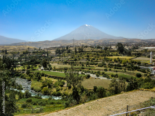 Misti volcano in arequipa - peru, landscape with vegetation and the volcano in the background.