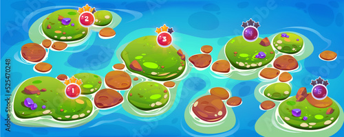 Game ui level map islands in ocean with crystals, green grass, rocks, stars and numbers. Cartoon 2d fantasy landscape platform, environment graphics for pc or mobile arcade, menu interface design