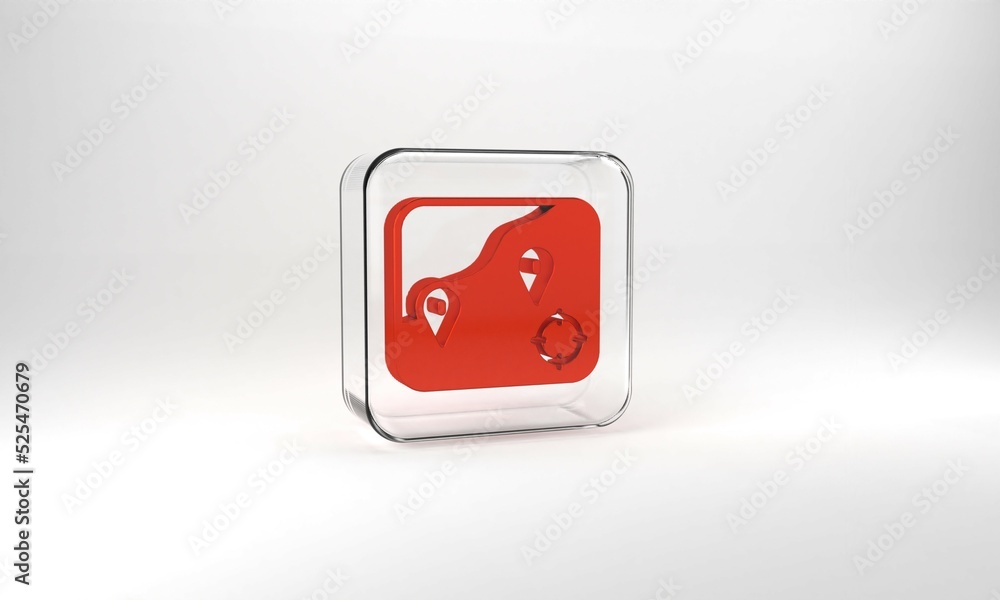 Red Location fishing icon isolated on grey background. Fishing place. Glass square button. 3d illustration 3D render Red Location fishing icon isolated on grey background. Fishing place. Glass square button. 3d illustration 3D render