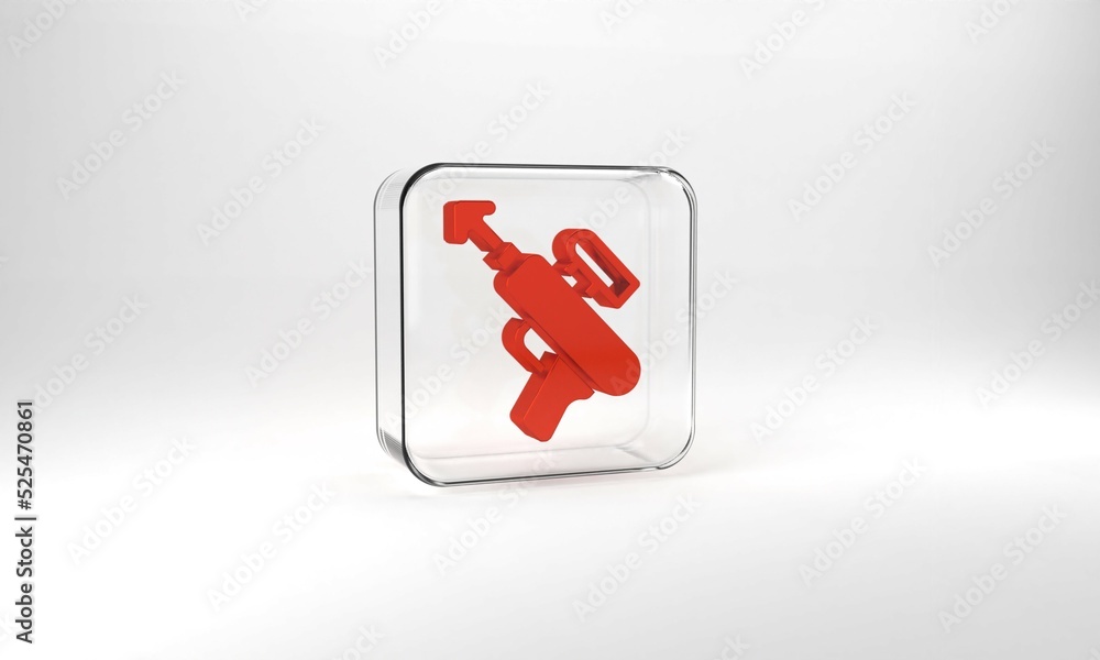 Red Fishing harpoon icon isolated on grey background. Fishery manufacturers for catching fish under water. Diving underwater equipment. Glass square button. 3d illustration 3D render Red Fishing harpoon icon isolated on grey background. Fishery manufacturers for catching fish under water. Diving underwater equipment. Glass square button. 3d illustration 3D render