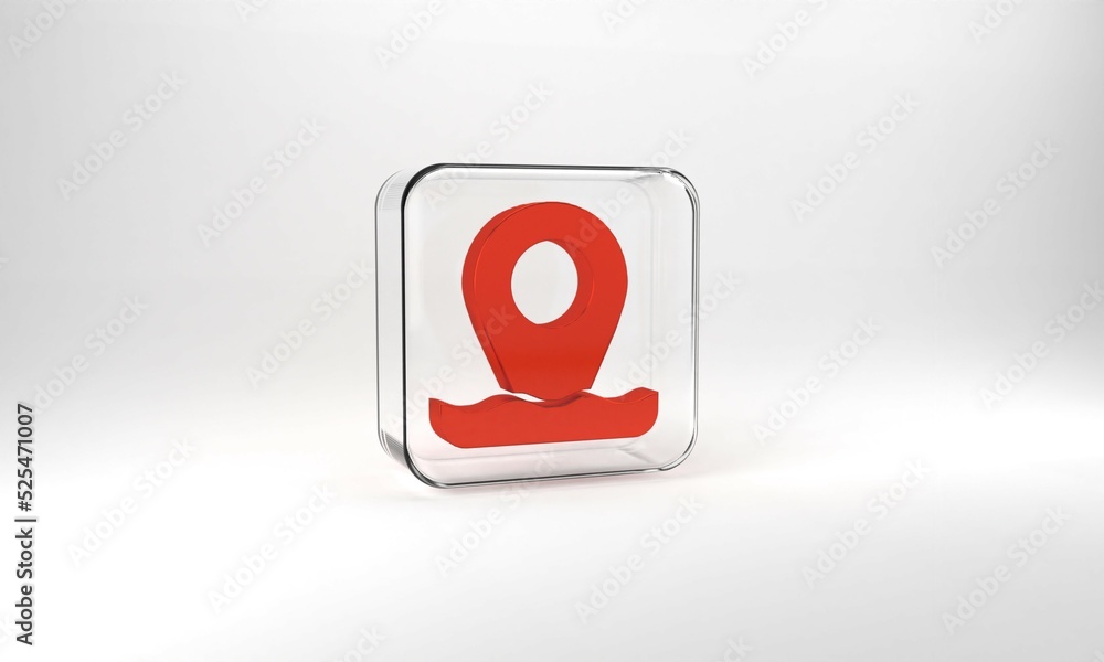 Red Location fishing icon isolated on grey background. Fishing place. Glass square button. 3d illustration 3D render Red Location fishing icon isolated on grey background. Fishing place. Glass square button. 3d illustration 3D render
