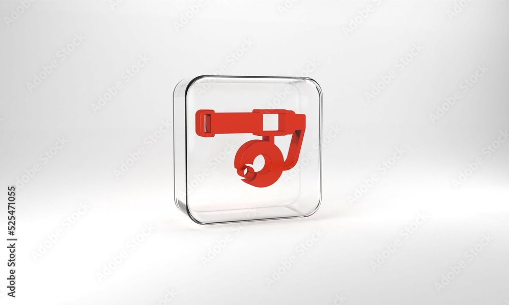 Red Fishing rod icon isolated on grey background. Catch a big fish. Fishing equipment and fish farming topics. Glass square button. 3d illustration 3D render Red Fishing rod icon isolated on grey background. Catch a big fish. Fishing equipment and fish farming topics. Glass square button. 3d illustration 3D render