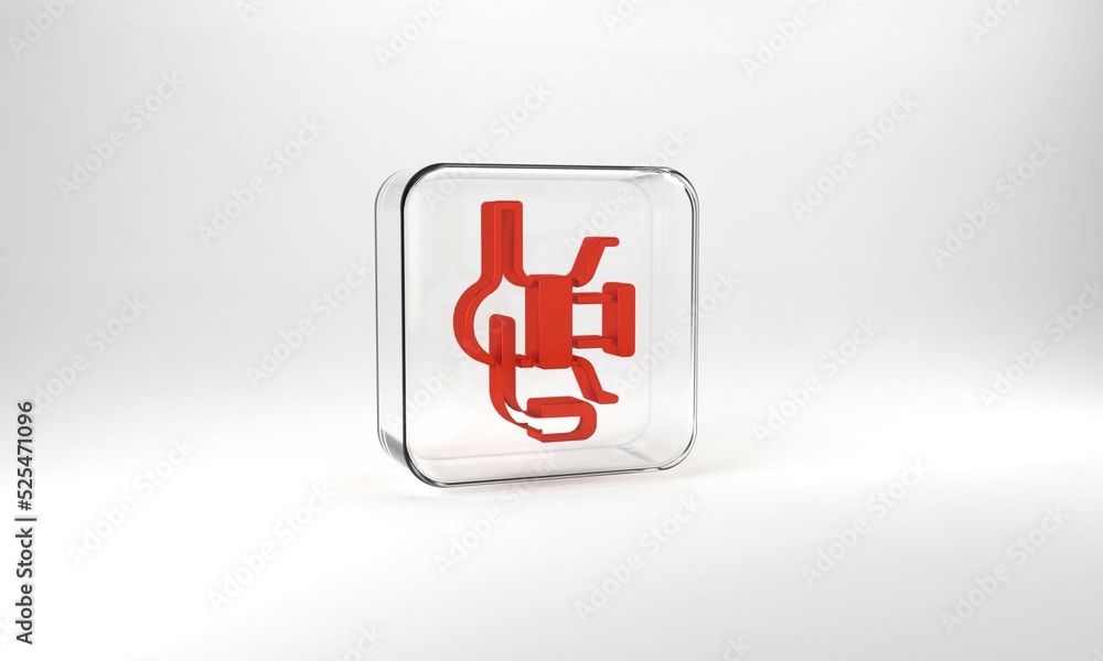 Obraz premium Red Spinning reel for fishing icon isolated on grey background. Fishing coil. Fishing tackle. Glass square button. 3d illustration 3D render