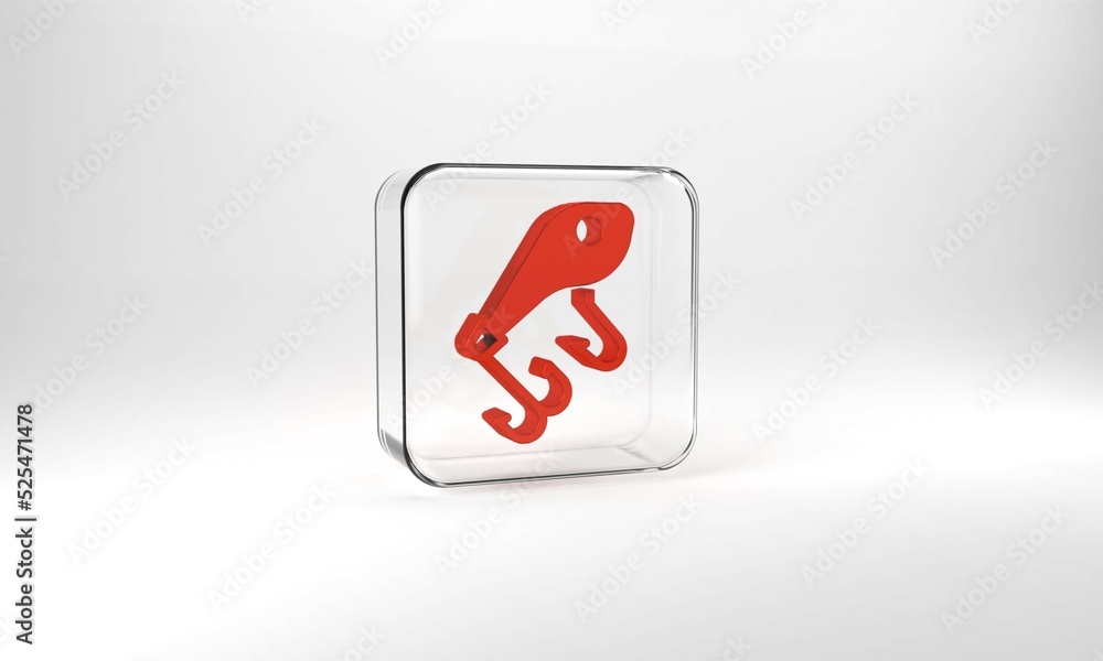 Red Fishing lure icon isolated on grey background. Fishing tackle. Glass square button. 3d illustration 3D render Red Fishing lure icon isolated on grey background. Fishing tackle. Glass square button. 3d illustration 3D render