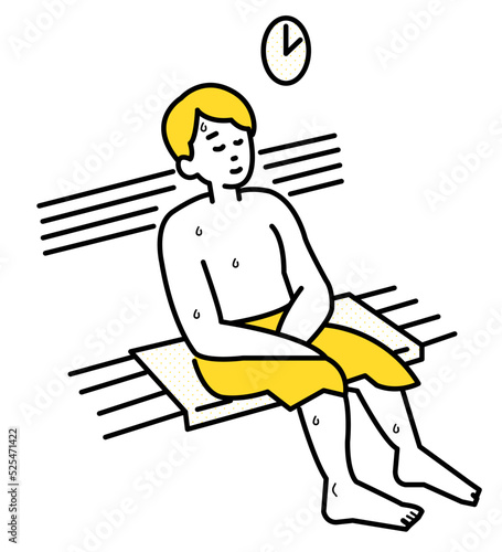 サウナでリラックスをする男性の線画イラスト