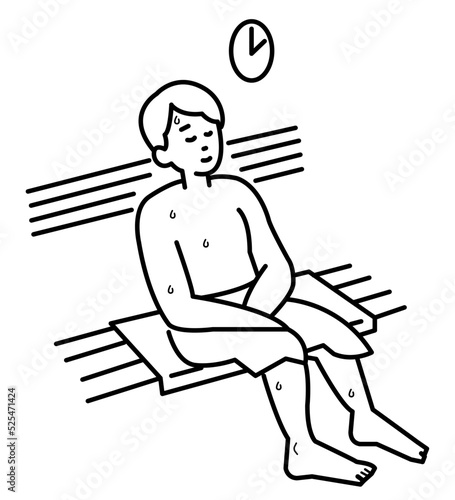 サウナでリラックスをする男性の線画イラスト