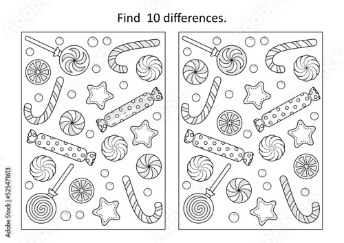 Find 10 differences visual puzzle and coloring page with winter holidays, New Year or Christmas candy and cookies 
